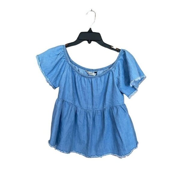 Zara Basic Denim Off Shoulder Top Peplum Chambray Frayed Blue Short Sleeve XS - Picture 1 of 6